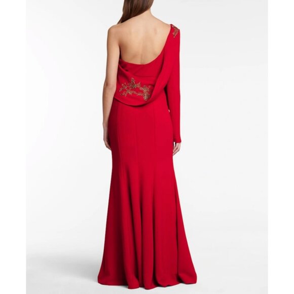 NWT Marchesa Notte Red One-Shoulder Embellished Stretch Crepe Gown - Picture 2 of 16